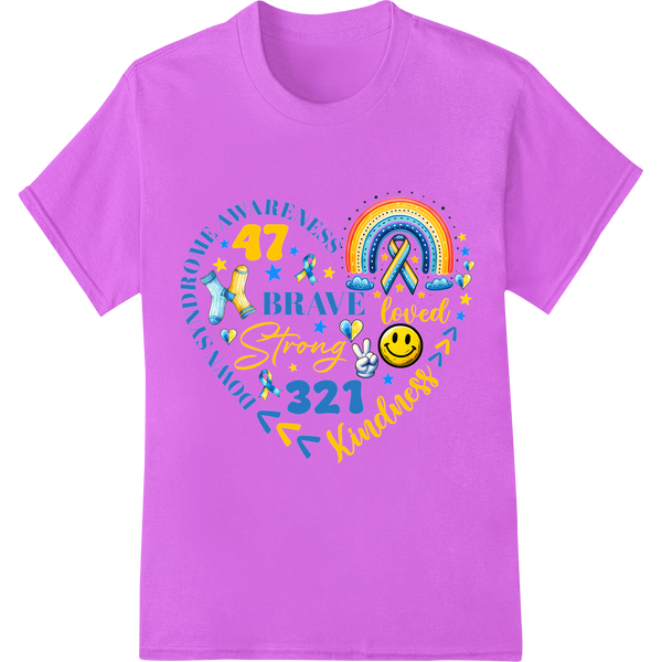 Be Strong & Kind Down Syndrome Awareness Ribbon DTF Print on purple shirt - SUPERDTF-DTF Prints-DTF Transfers-Custom DTF Prints