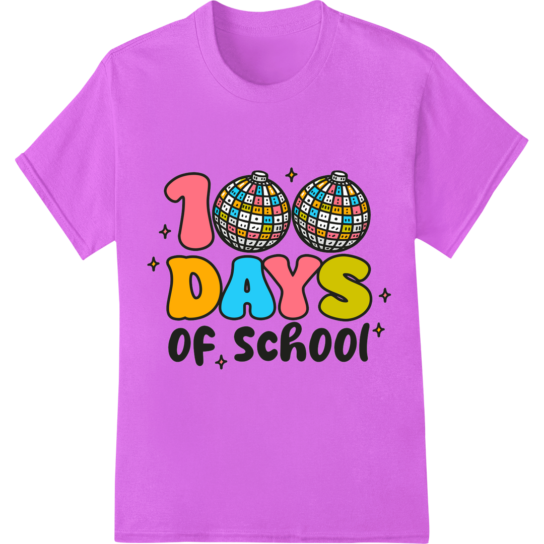 Vibrant 100 Days of School DTF Print | Colorful Disco Fun on purple shirt - SUPERDTF-DTF Prints-DTF Transfers-Custom DTF Prints