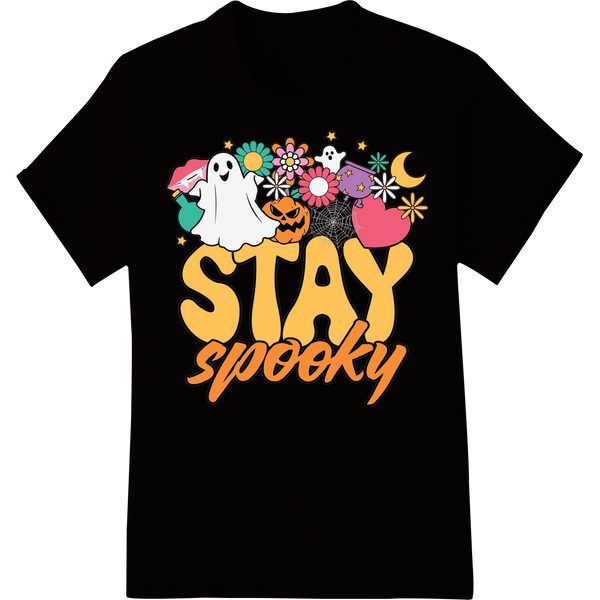 Cute cartoon-style multicolored ghosts design for spooky Halloween t-shirts and apparel using direct-to-film printing.