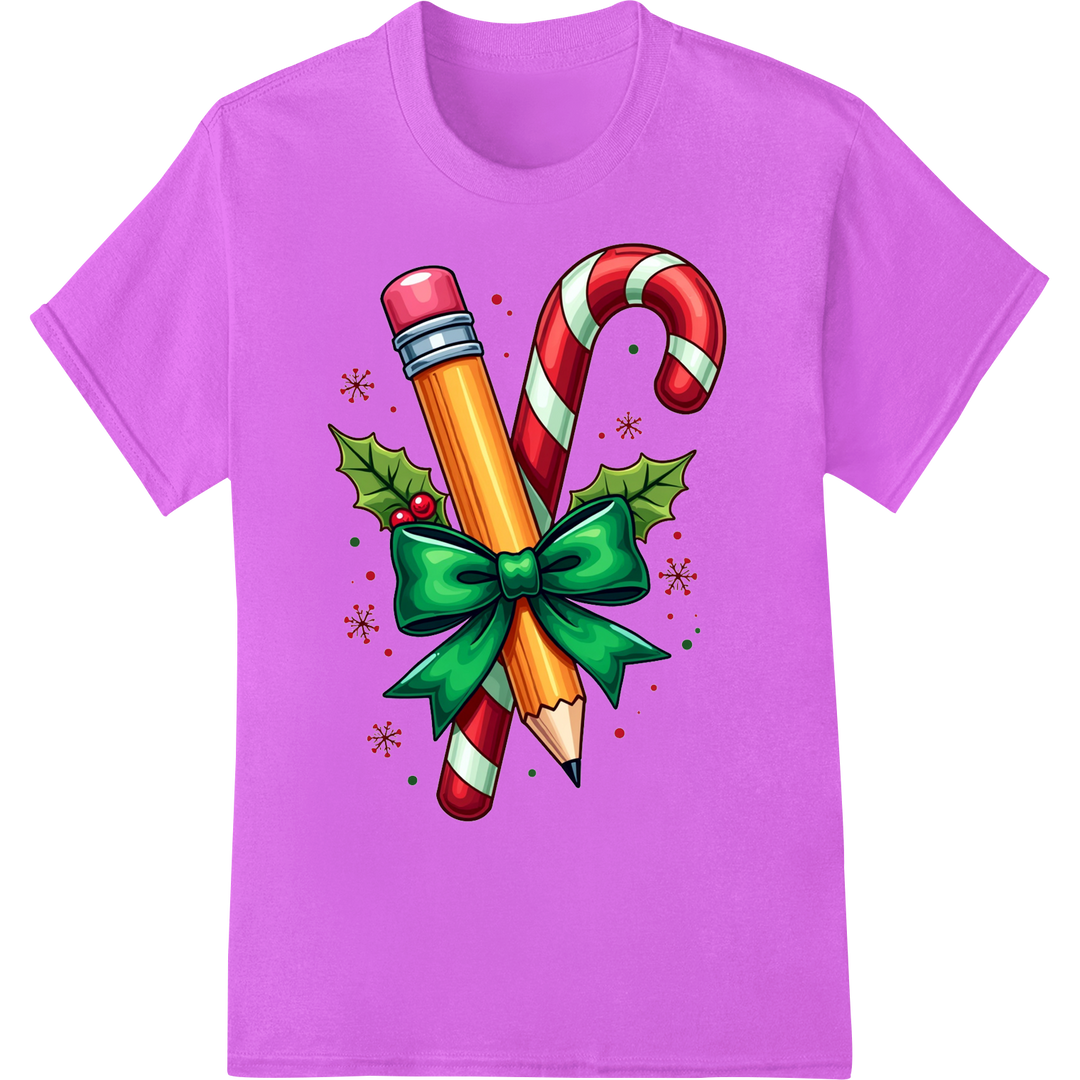 Festive Candy Cane Pencil Christmas Heat Transfer Print on purple shirt - SUPERDTF-DTF Prints-DTF Transfers-Custom DTF Prints