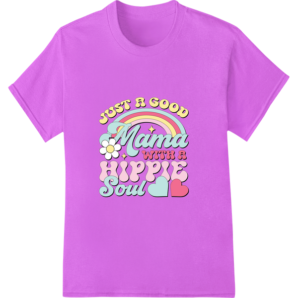 Retro 'Just a Good Mama with a Hippie Soul' DTF Print on purple shirt - SUPERDTF-DTF Prints-DTF Transfers-Custom DTF Prints