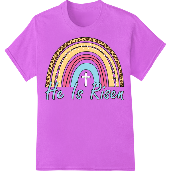 Vibrant 'He is Risen' Easter Rainbow DTF Print Heat Transfer on purple shirt - SUPERDTF-DTF Prints-DTF Transfers-Custom DTF Prints