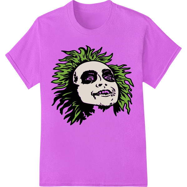 Illustration of a green zombie face with glowing eyes and rotting skin, suitable for DTF printing on t-shirts and apparel.