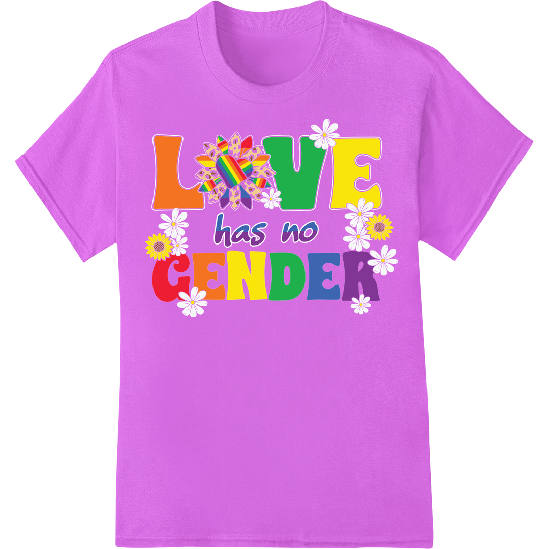 Vibrant 'LOVE has no GENDER' LGBT Pride DTF Print Transfer on purple shirt - SUPERDTF-DTF Prints-DTF Transfers-Custom DTF Prints