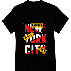 Expert t shirt prints craftsmanship on Famous Brooklyn New York Miracle | Bold Red Yellow DTF Print