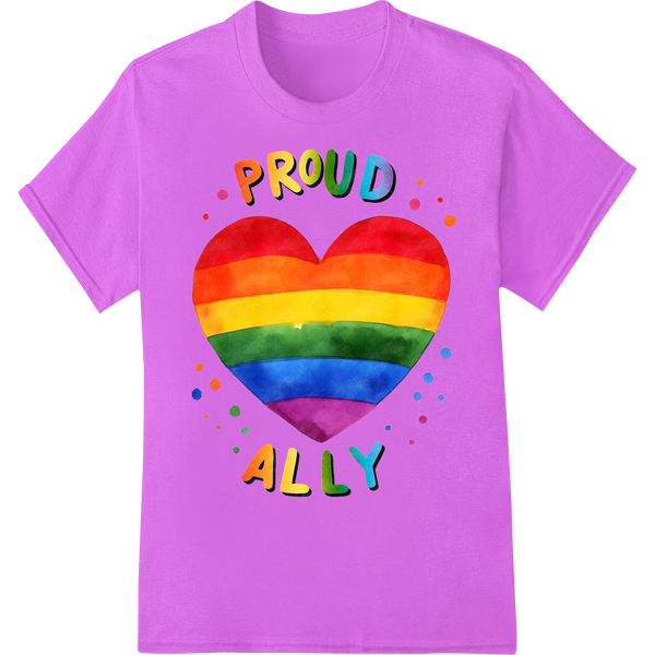 Vibrant 'PROUD ALLY' LGBT Rainbow Heart DTF Print Transfer on purple shirt - SUPERDTF-DTF Prints-DTF Transfers-Custom DTF Prints