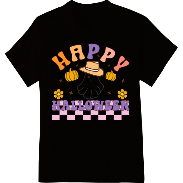 Adorable Ghost Says Happy Halloween in Colorful Style on black shirt - SUPERDTF-DTF Prints-DTF Transfers-Custom DTF Prints