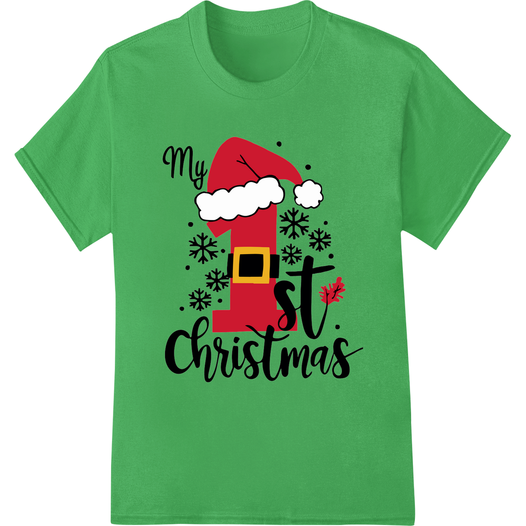 Adorable "My 1st Christmas" DTF Print for Baby's Holiday on green shirt - SUPERDTF-DTF Prints-DTF Transfers-Custom DTF Prints