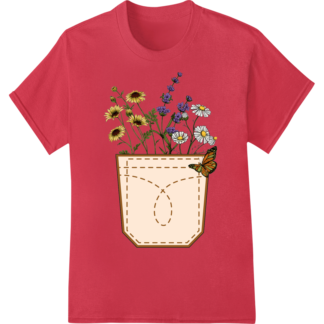 Retro Floral Pocket with Butterfly DTF Print Heat Transfer on red shirt - SUPERDTF-DTF Prints-DTF Transfers-Custom DTF Prints