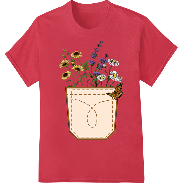 Retro Floral Pocket with Butterfly DTF Print Heat Transfer on red shirt - SUPERDTF-DTF Prints-DTF Transfers-Custom DTF Prints