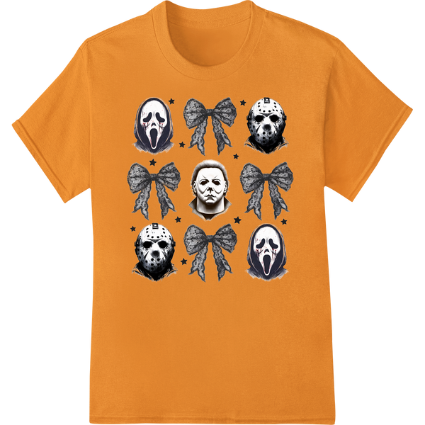 Macabre Masks: A haunting heat transfer design featuring spooky masks and skulls, perfect for Halloween t-shirt printing.