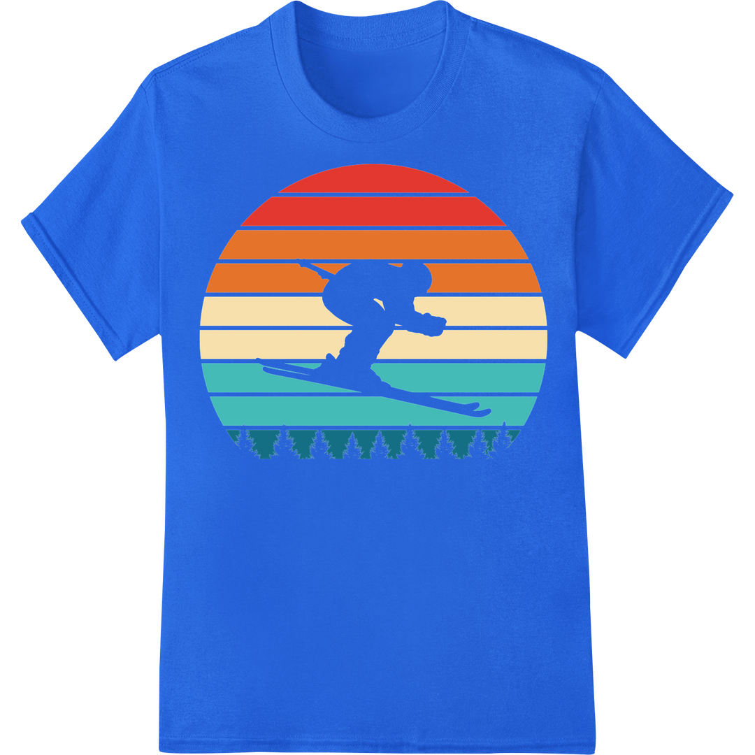 Retro Ski Sunset: Vibrant DTF Print for Ski Enthusiasts on blue shirt - SUPERDTF-DTF Prints-DTF Transfers-Custom DTF Prints