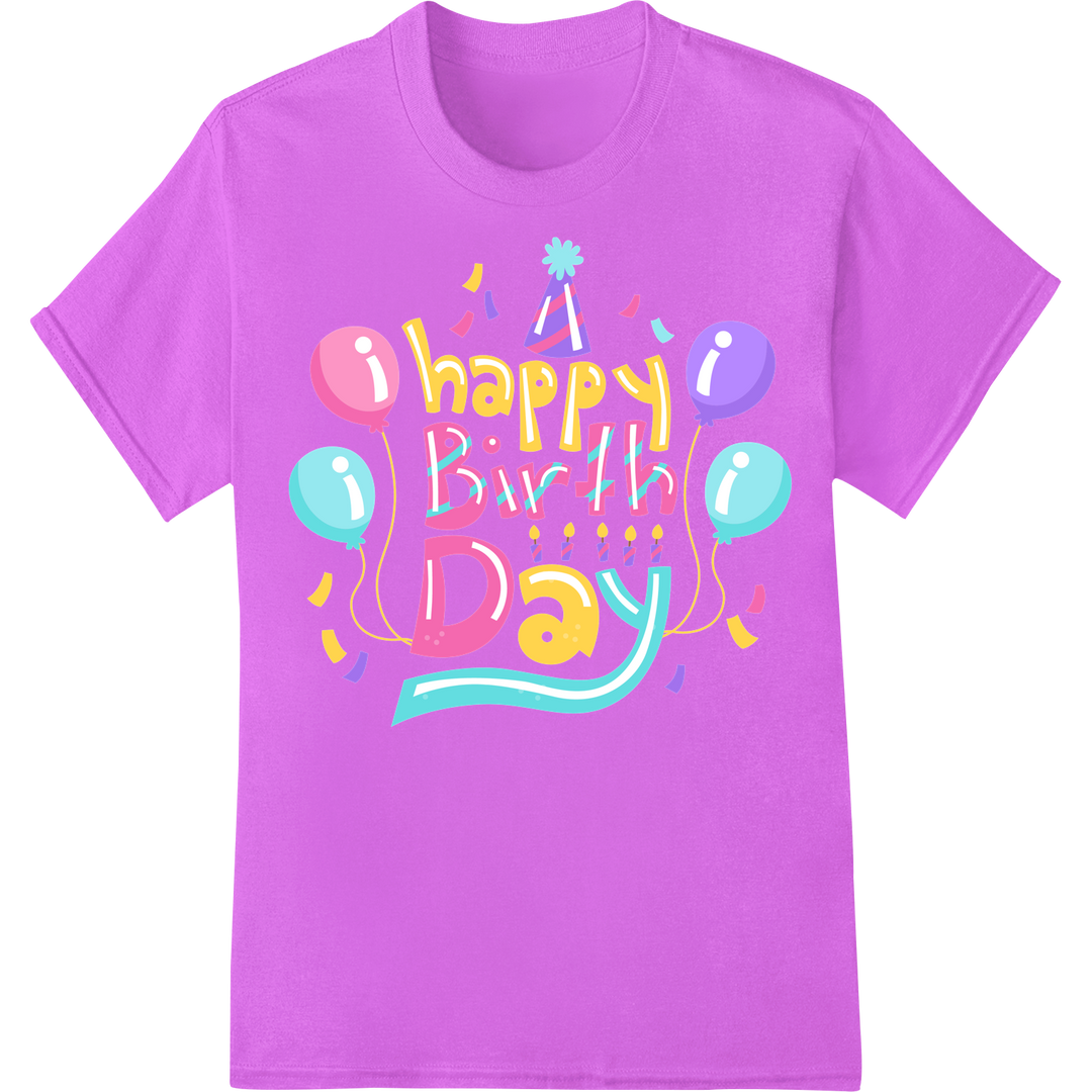 Vibrant Happy Birthday DTF Print Heat Transfer | Custom Party on purple shirt - SUPERDTF-DTF Prints-DTF Transfers-Custom DTF Prints