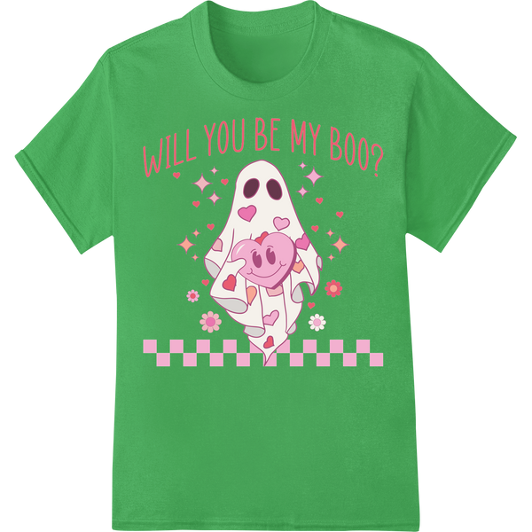 Adorable 'Will You Be My Boo?' Ghost Valentine's DTF Print on green shirt - SUPERDTF-DTF Prints-DTF Transfers-Custom DTF Prints