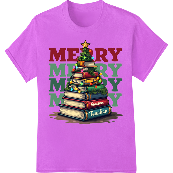 Merry Teacher Christmas: Festive Book Tree DTF Print on purple shirt - SUPERDTF-DTF Prints-DTF Transfers-Custom DTF Prints