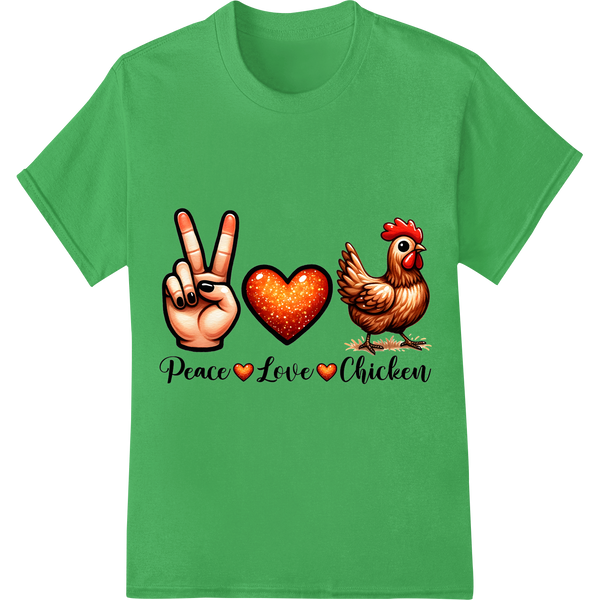 Peace, Love, & Chickens: Adorable DTF Print Heat Transfer on green shirt - SUPERDTF-DTF Prints-DTF Transfers-Custom DTF Prints