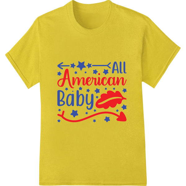 Adorable patriotic DTF print design featuring a baby wearing an American flag printed onesie, perfect for 4th of July