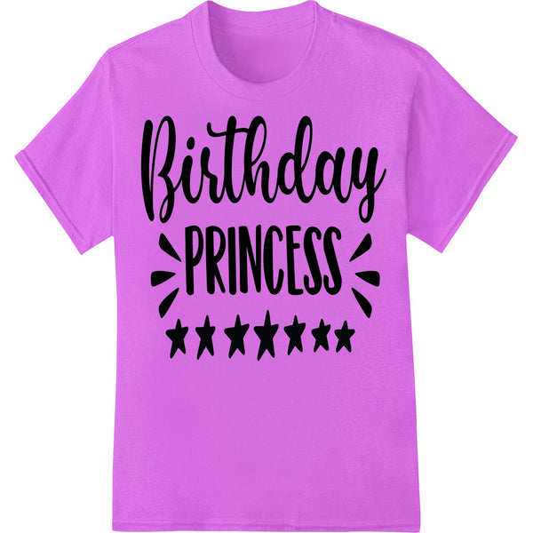 Pink and purple 'Birthday Princess' graphic with crown, stars and text. Great for little girl's birthday shirt or outfit.