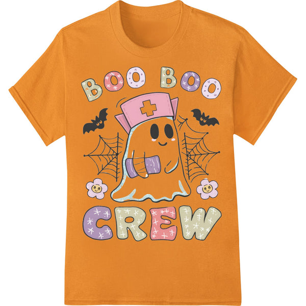 A digital heat transfer design featuring cute ghosts with bandages and the text 'Boo Boo Crew' in a spooky font.