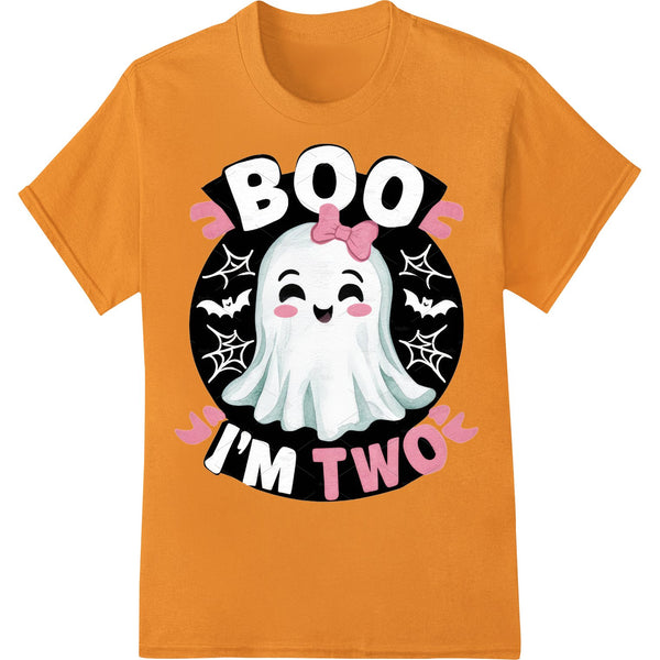 A cute ghost design with the text 'BOO I'M TWO' printed using the direct to film (DTF) method, perfect for toddler Halloween...