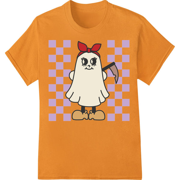 White cartoon ghost with a friendly smile and dotted eyes, perfect for a fun and festive Halloween DTF print or heat...