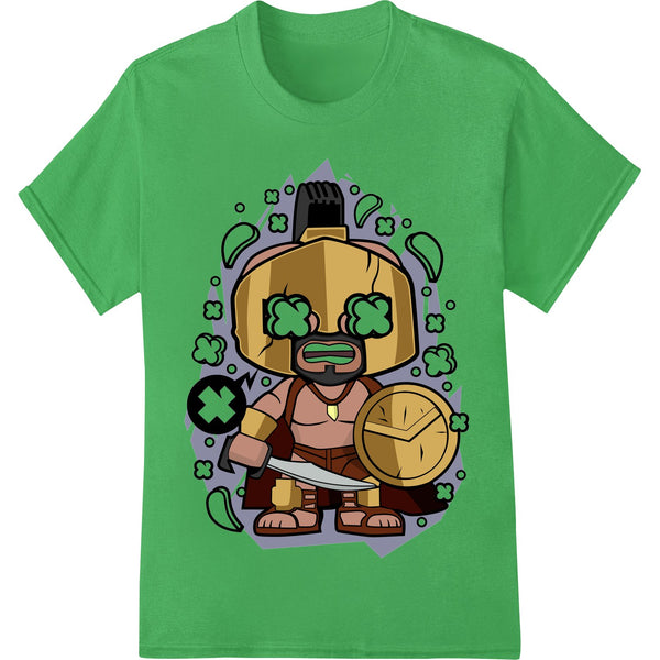 A colorful cartoon character heat transfer design featuring a warrior character with a sword, perfect for kids' t-shirts and...