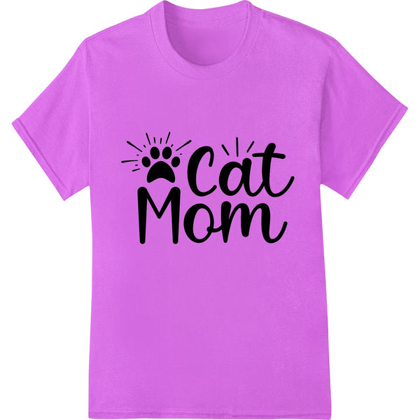 An adorable 'Cat Mom' direct to film (DTF) heat transfer design featuring a cute cat illustration surrounded by hearts.