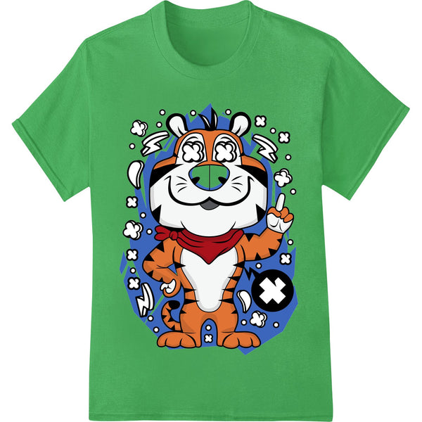 A cute cartoon tiger with a Santa hat and red scarf, Christmas-themed direct-to-film heat transfer print for t-shirts