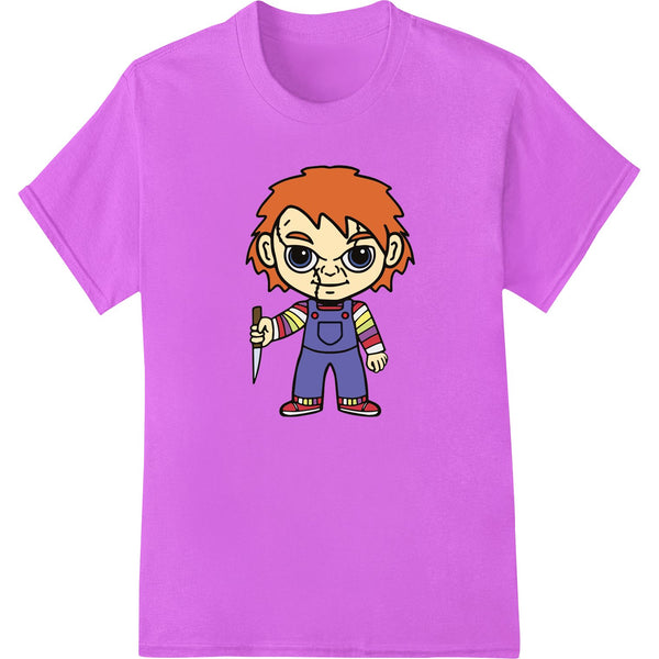 Cartoon illustration of a smiling kid with red hair and blue overalls, inspired by the Chucky horror movie character