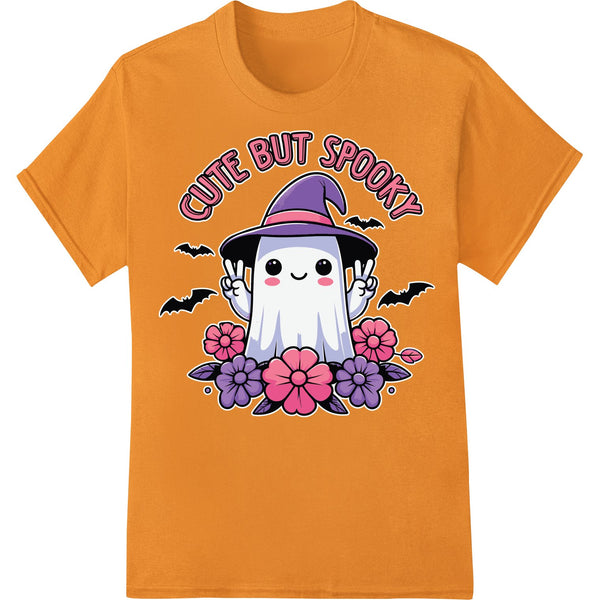 A cute cartoon ghost with a smiling face and big eyes, surrounded by stars and a crescent moon, for DTF heat transfer...