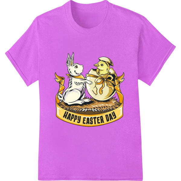 Colorful heat transfer design of a rabbit and baby chick on a festive banner for Easter t-shirts and apparel