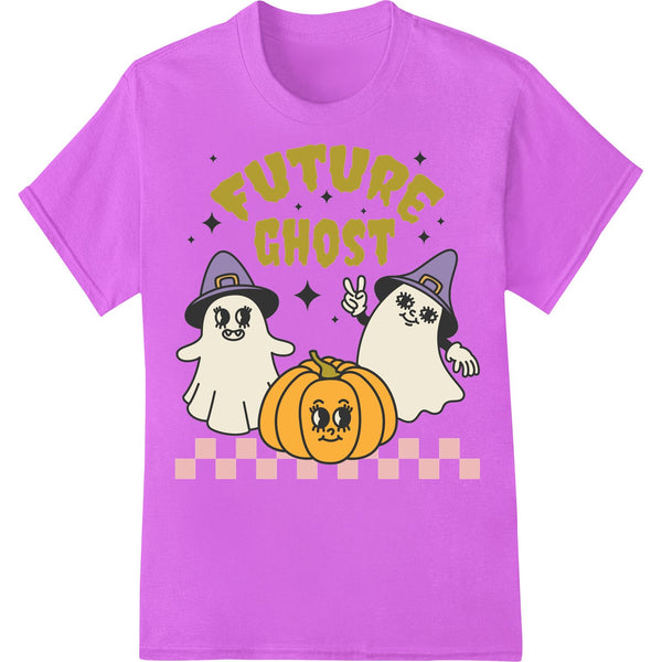 Digital design showing three cute cartoon ghosts in orange, purple, and green colors, smiling and waving. Ideal for...