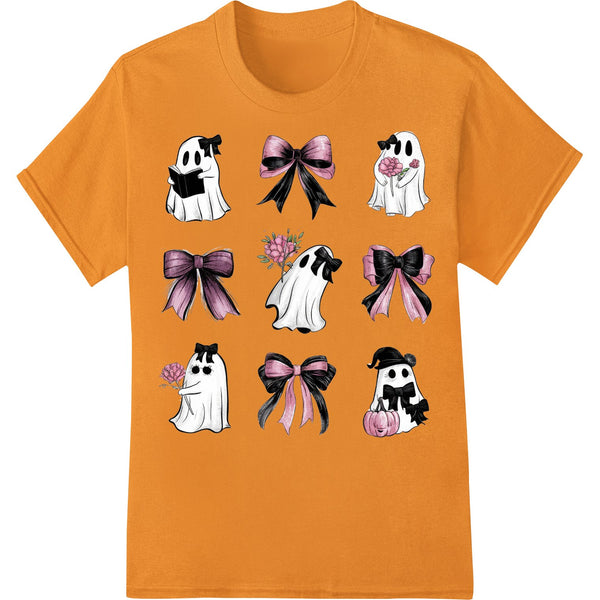 White ghost bows with cute faces and colorful ribbons, DTF print transfers for custom Halloween apparel decoration