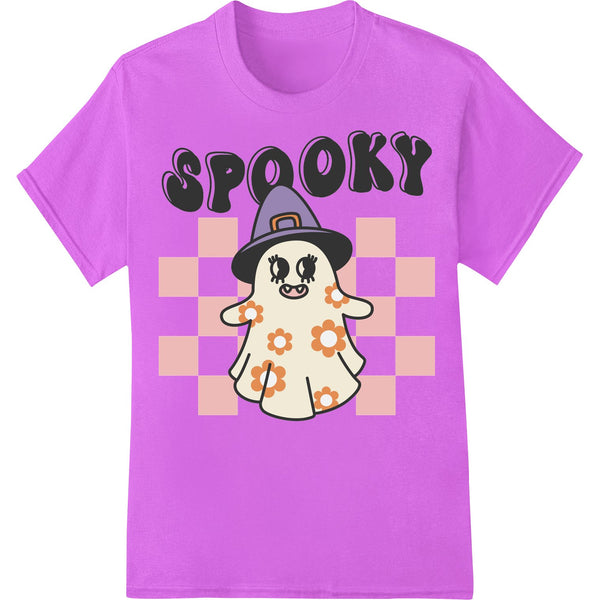 A cute cartoon ghost wearing a witch's hat, perfect for Halloween DTF printing and heat transfers on custom t-shirts.