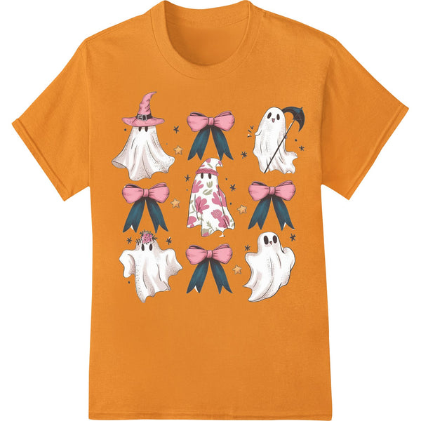 Colorful direct to film print design featuring an adorable medley of ghosts in various poses, perfect for Halloween apparel.