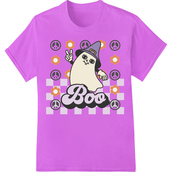 Adorable cartoon ghost graphic printed using direct-to-film heat transfer for customizing apparel and accessories.