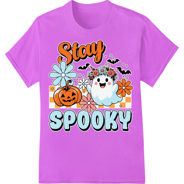 A digital heat transfer design featuring a cute cartoon ghost and jack-o-lantern pumpkin against a starry night sky backdrop.