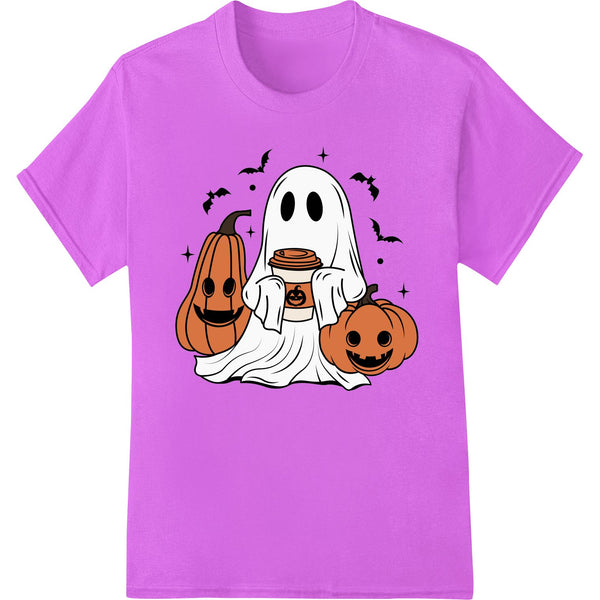 An adorable design featuring a smiling ghost and two carved pumpkins, perfect for celebrating Halloween with DTF printing.