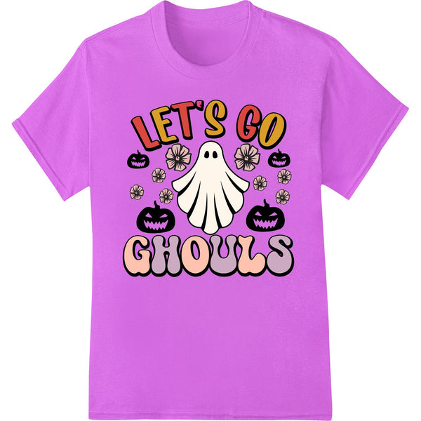 A playful DTF print design featuring cute cartoon ghosts and jack-o-lantern pumpkins, perfect for Halloween themed apparel