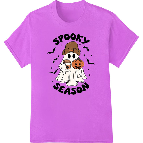 A cute ghost design with a coffee mug, perfect for DTF printing and heat transfers on Halloween apparel and accessories.