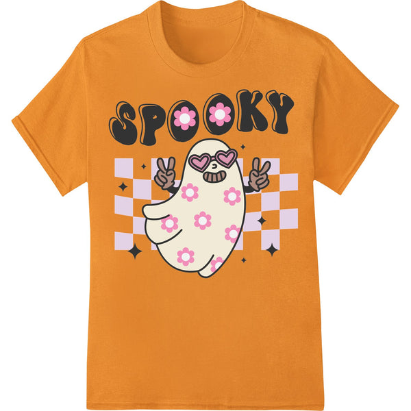 A cute cartoon ghost with flowers and a spooky yet adorable expression, perfect for Halloween DTF prints on custom apparel.