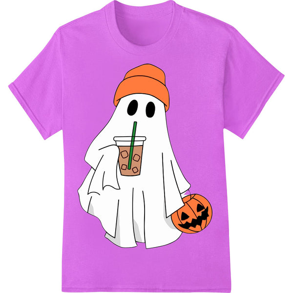 A cartoon ghost carrying a pumpkin bucket, perfect for Halloween DTF heat transfers on t-shirts and other apparel.