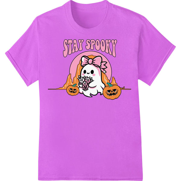 An adorable cartoon ghost design with orange pumpkins, perfect for celebrating Halloween with custom printed apparel.