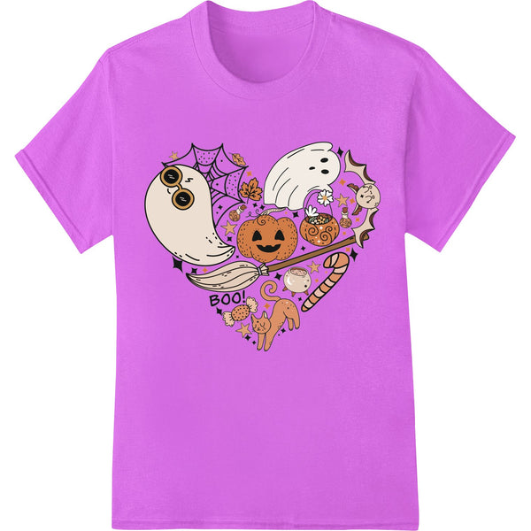 Illustration of friendly Halloween characters like a pumpkin, ghost, and witch on a colorful background