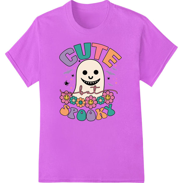 Adorable white ghost with flower petal design, perfect for spooky yet cute Halloween DTF heat transfers on custom apparel.