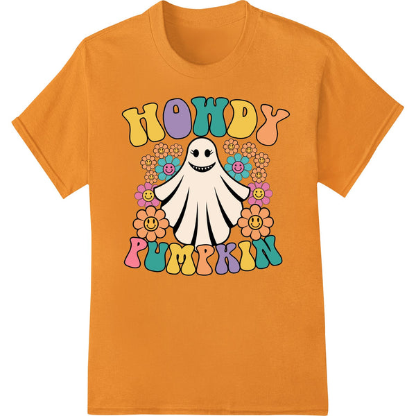 An illustration of a smiling cartoon ghost holding colorful flowers with the text 'Howdy Pumpkin' on a black background.