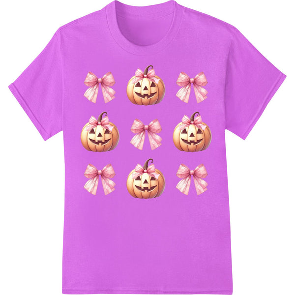 Halloween themed DTF heat transfer design featuring cartoon pumpkins with pink bows and happy faces.