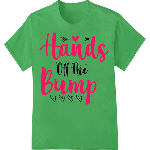 Adorable black and red heart graphic with 'Hands Off The Bump' text, for DTF heat transfer printing on maternity shirts