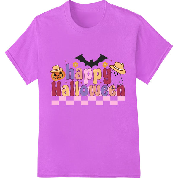 Happy Halloween heat transfer design featuring a smiling jack-o-lantern and colorful text surrounded by bats and stars