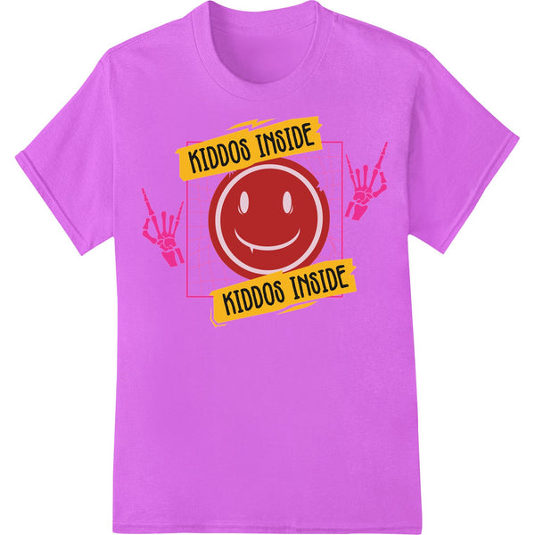 A cute smiley face graphic with the text 'KIDDOS INSIDE' in a playful font, ideal for heat transferring onto kids' clothing.